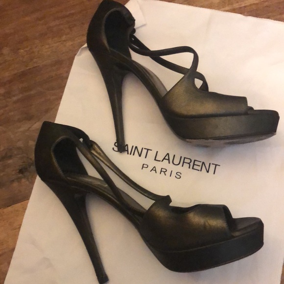 YSL stiletto Bronze open toe cross strap platform heel. Sexy metallic black gold - Picture 8 of 9
